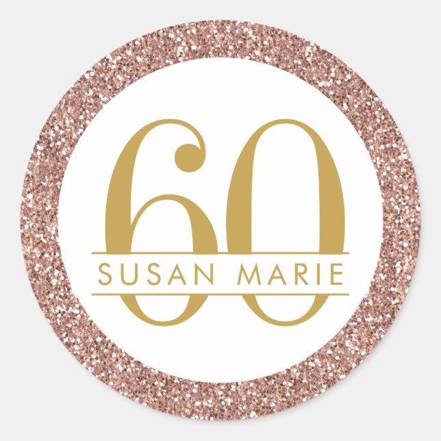 60th Birthday Rose Gold Personalised Pink Glitter Classic Round Sticker (Front)