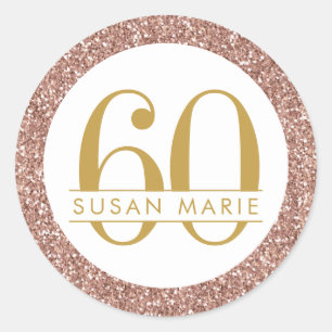 60th Birthday Rose Gold Personalised Pink Glitter Classic Round Sticker