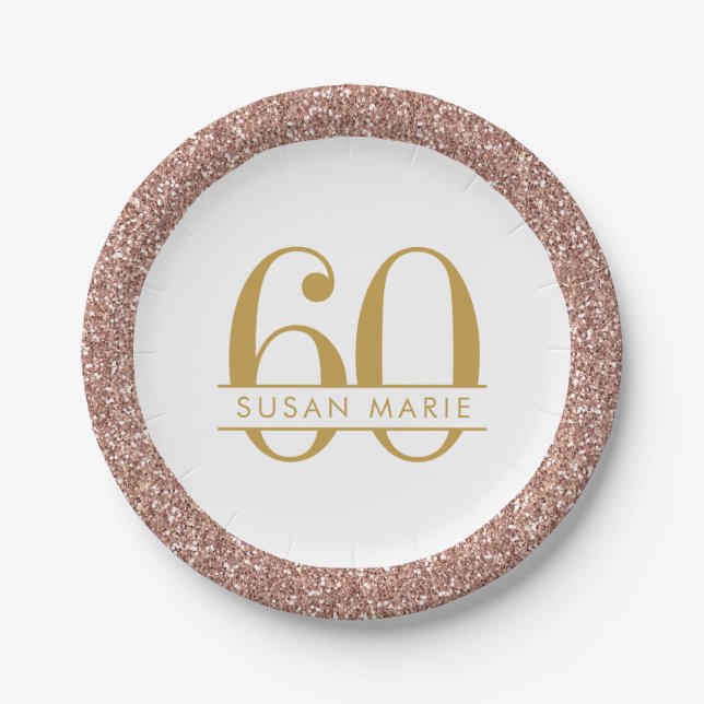 60th Birthday Rose Gold Personalised Pink Glitter Paper Plate (Front)