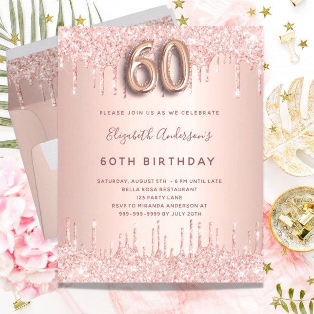 60th Birthday rose gold pink drips invitation (Creator Uploaded)