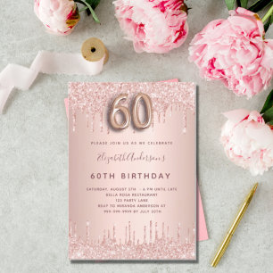 60th Birthday rose gold pink drips Invitation