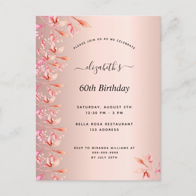 60th birthday rose gold pink floral invitation postcard (Front)
