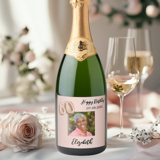 60th Birthday rose gold pink photo Sparkling Wine Label (Creator Uploaded)