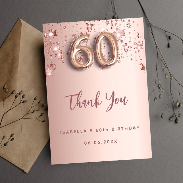 60th birthday rose gold stars thank you card (Creator Uploaded)
