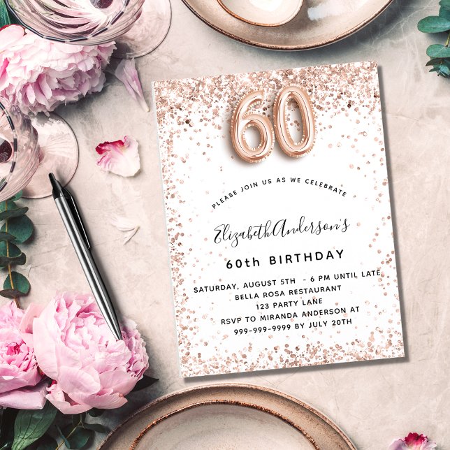 60th birthday rose gold white sparkles invitation (Creator Uploaded)