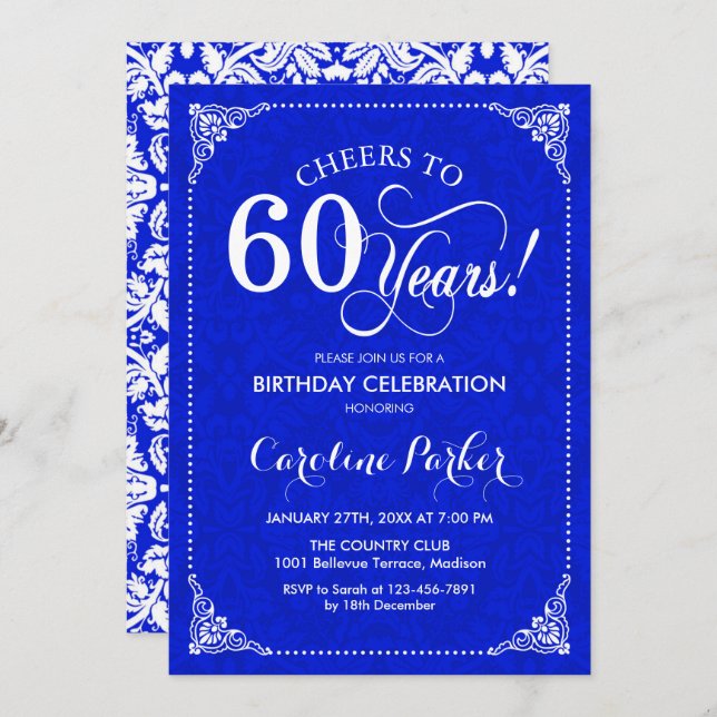 60th Birthday - Royal Blue White Damask Invitation (Front/Back)