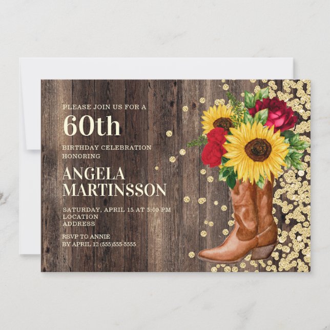 60th Birthday Rustic Boots Sunflower Red Roses Invitation (Front)