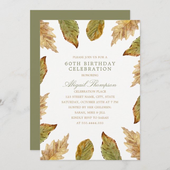 60th Birthday Rustic Fall Leaves Country Party Invitation (Front/Back)