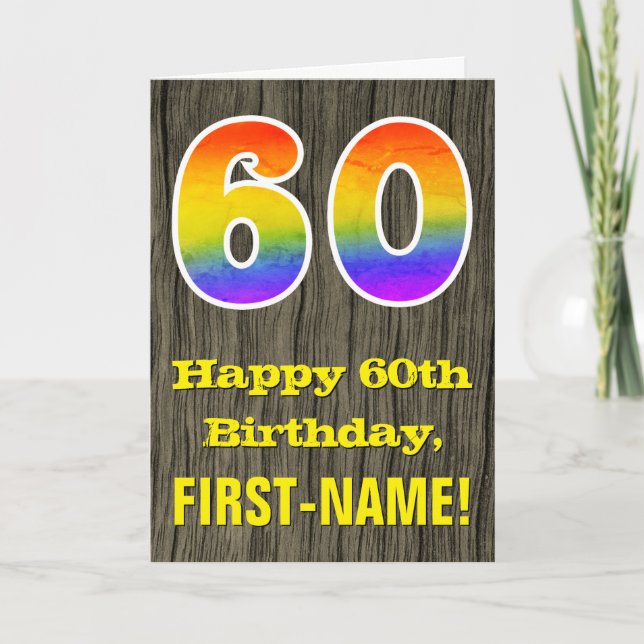 60th Birthday: Rustic Faux Wood Look, Rainbow "60" Card (Front)