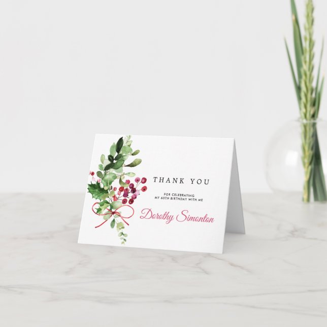 60th Birthday Rustic Winter Botanical Folded Thank You Card (Front)