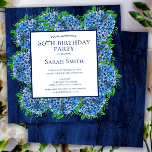 60th Birthday Rustic Wood Blue Hydrangeas Party Invitation