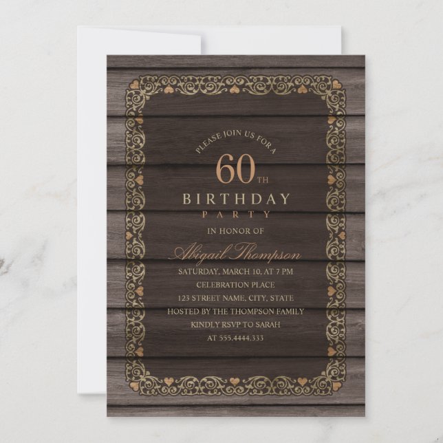60th Birthday Rustic Wood Fancy Country Party Invitation (Front)