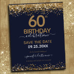 60th Birthday Save the Date Budget Invitation<br><div class="desc">Elegant Faux gold glitter with shimmering confetti highlights on the top and bottom border. All text is adjustable and easy to change for your own party needs. Great elegant 60th birthday template design.</div>