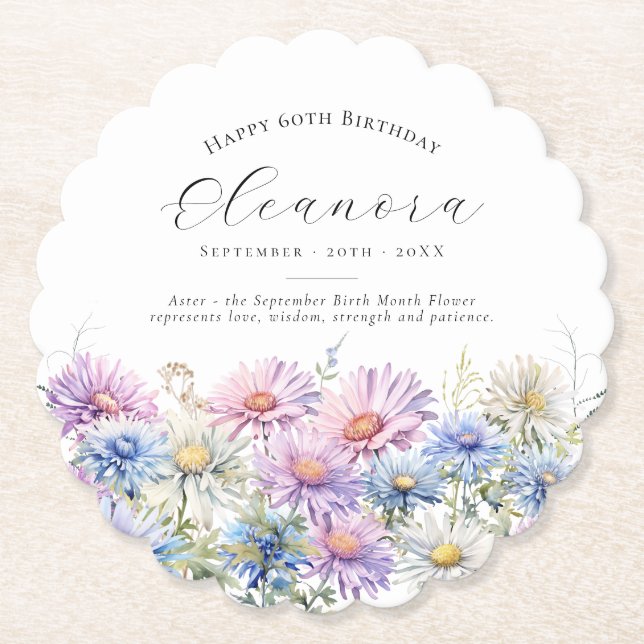 60th Birthday September Birth Flower Custom Paper Coaster (Front)