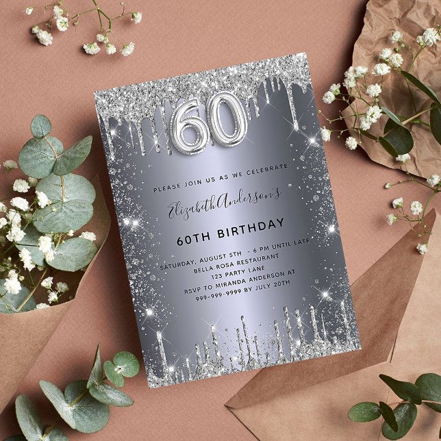 60th birthday silver drips glamourous invitation (Creator Uploaded)