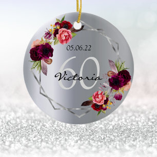 60th birthday silver florals geometric burgundy ceramic tree decoration