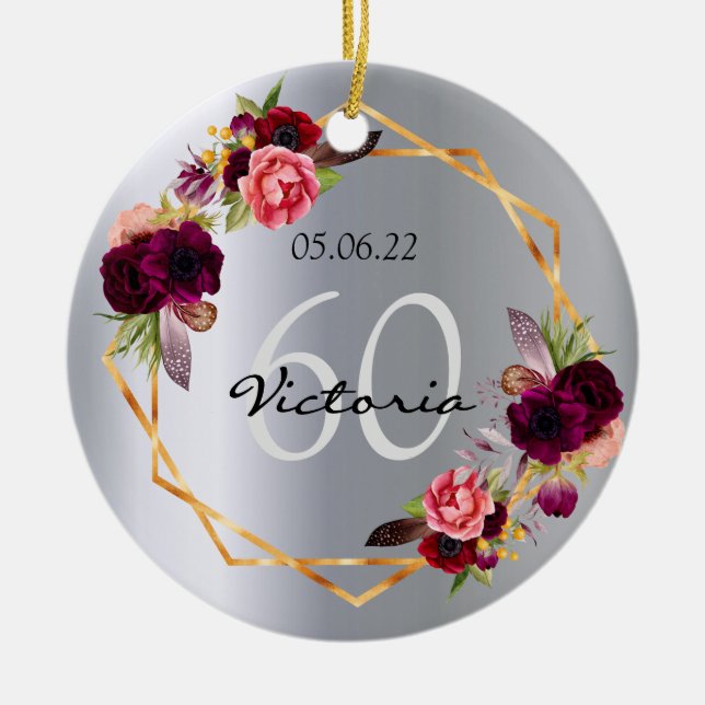 60th birthday silver florals gold name ceramic tree decoration (Front)