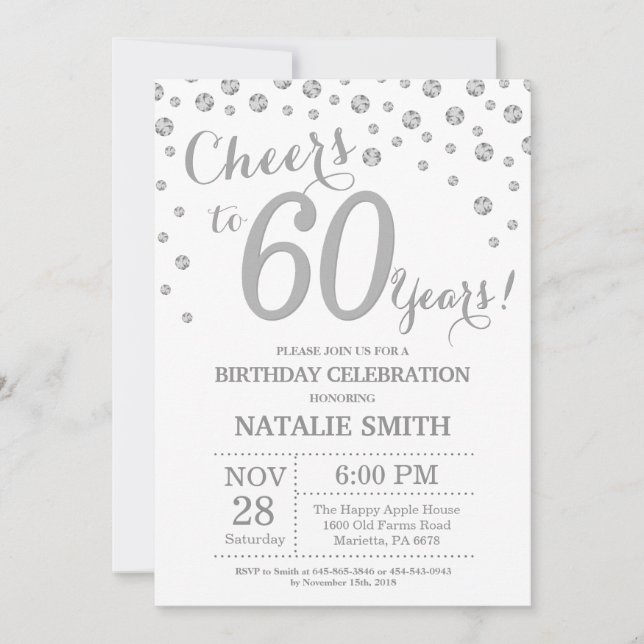 60th Birthday Silver Glitter Diamond Invitation (Front)