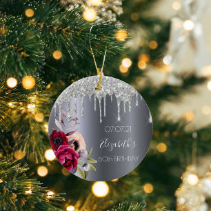 60th birthday silver glitter drips floral burgundy ceramic tree decoration