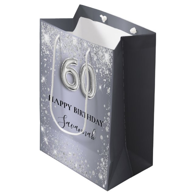 60th birthday silver glitter dust monogram medium gift bag (Front Angled)
