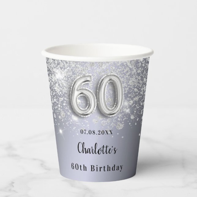 60th birthday silver glitter dust monogram paper cups (Front)