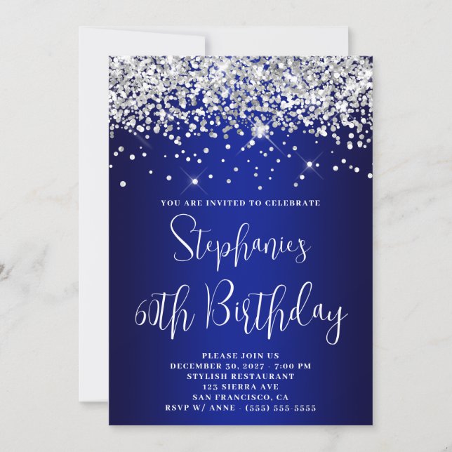 60th Birthday Silver Glitter Royal Blue Navy Ombre Invitation (Front)