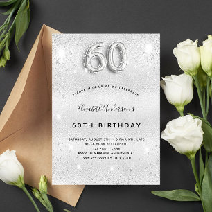 60th birthday silver metal glitter dust glam invitation