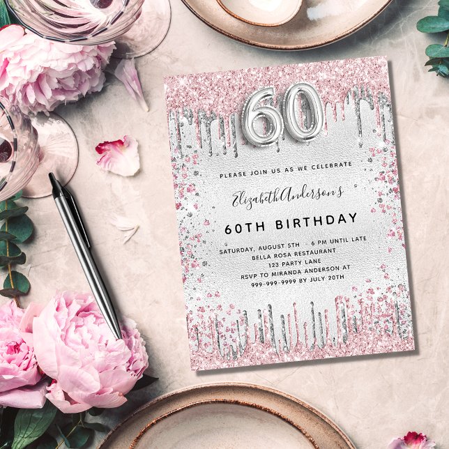 60th birthday silver pink metal glitter dust invitation postcard (Creator Uploaded)