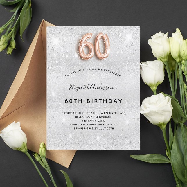 60th birthday silver rose gold glitter invitation postcard (Creator Uploaded)