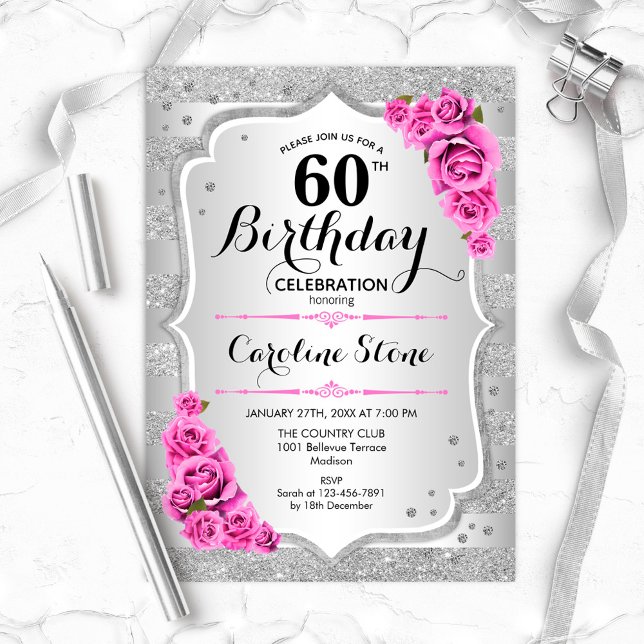 60th Birthday - Silver Stripes Pink Roses Invitation (Creator Uploaded)