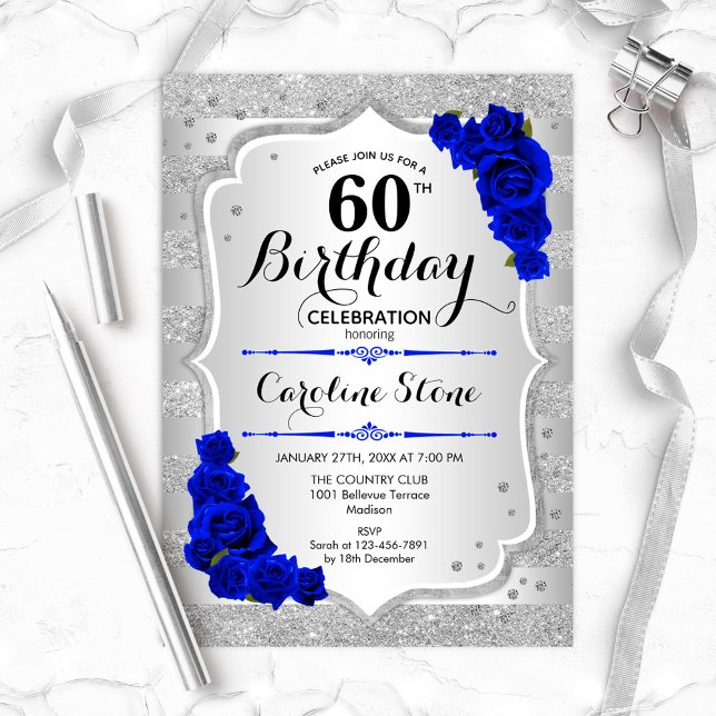 60th Birthday - Silver Stripes Royal Blue Roses Invitation (Creator Uploaded)