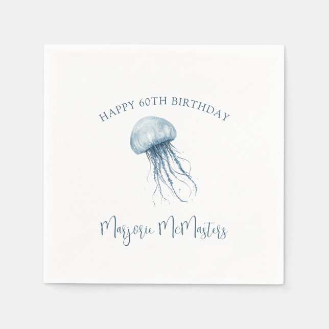60th Birthday Simple Coastal Jellyfish Custom Napkin (Front)