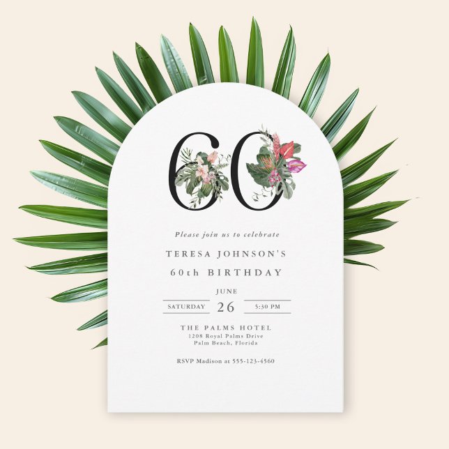 60th Birthday Simple Elegant Tropical Floral Invitation (Available in both printed and instant download digital formats.)