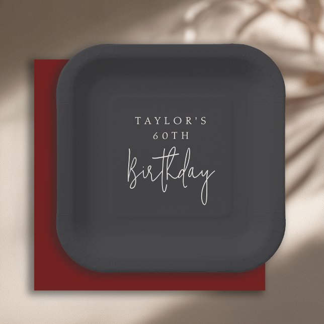 60th Birthday Simple Minimalist Flat Black Paper Plate (Creator Uploaded)