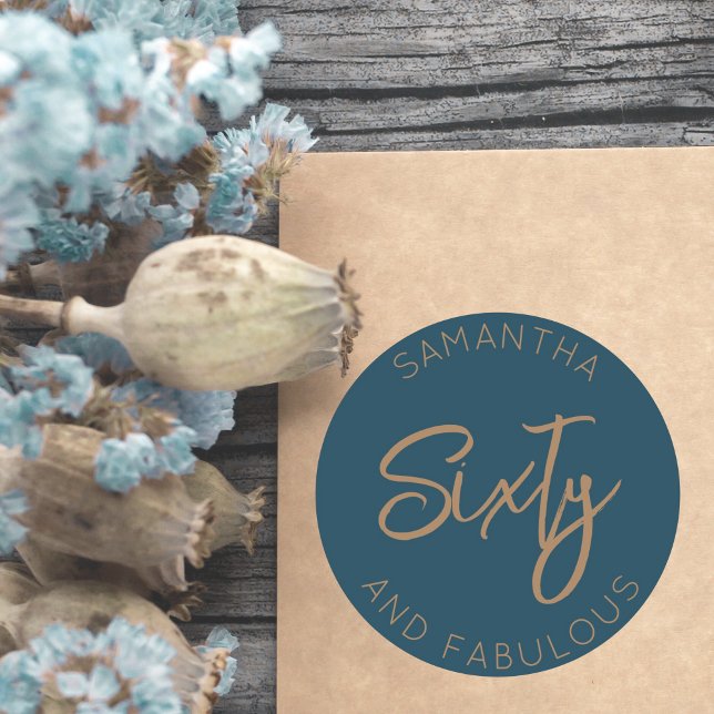 60th Birthday Sixty and fabulous Modern Blue Gold Classic Round Sticker (60 and fabulous sixty sticker)