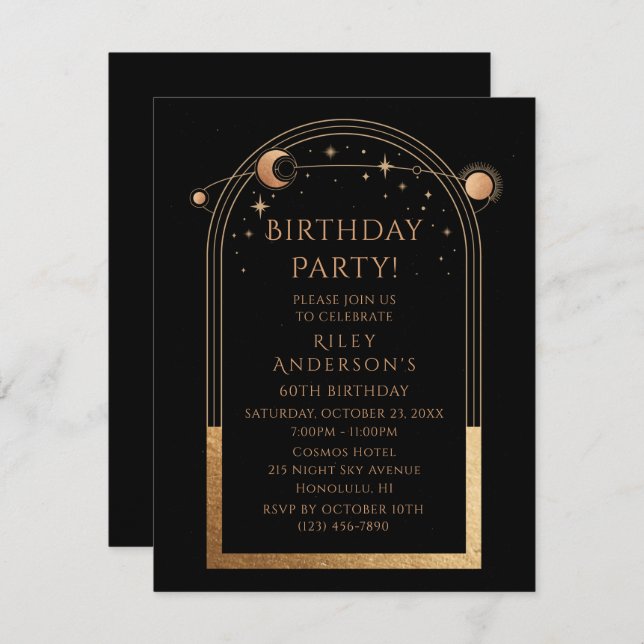 60th Birthday Sixty Celestial Black Gold Astronomy Invitation (Front/Back)