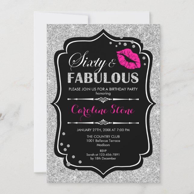60th Birthday - Sixty Fabulous Black Pink Silver Invitation (Front)