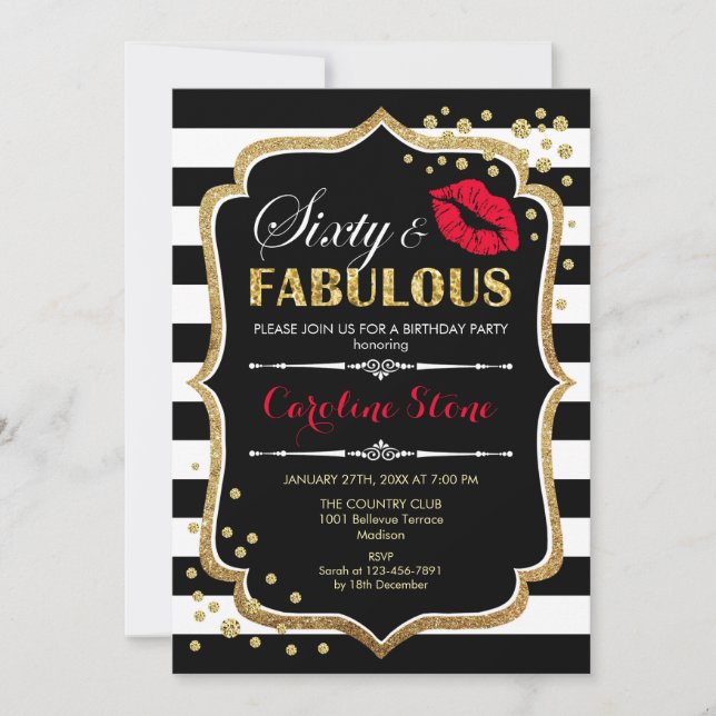 60th Birthday - Sixty Fabulous Black Red Gold Invitation (Front)