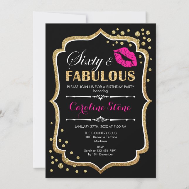 60th Birthday - Sixty Fabulous Gold Black Pink Invitation (Front)