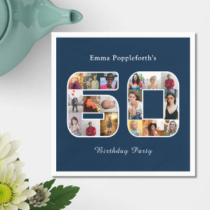 60th Birthday Sixty Photo Collage Dark Blue Napkin