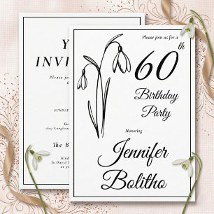 60th Birthday Snowdrop Floral Black And White Invitation