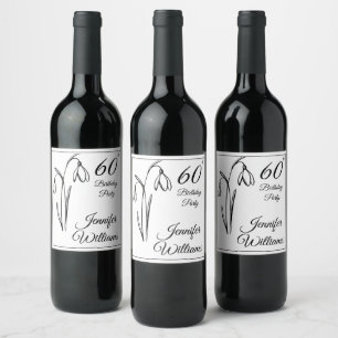 60th Birthday Snowdrop Floral Black And White Wine Label