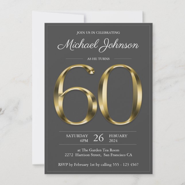 60th Birthday Solid Gold Text Dark Grey Classy Invitation (Front)