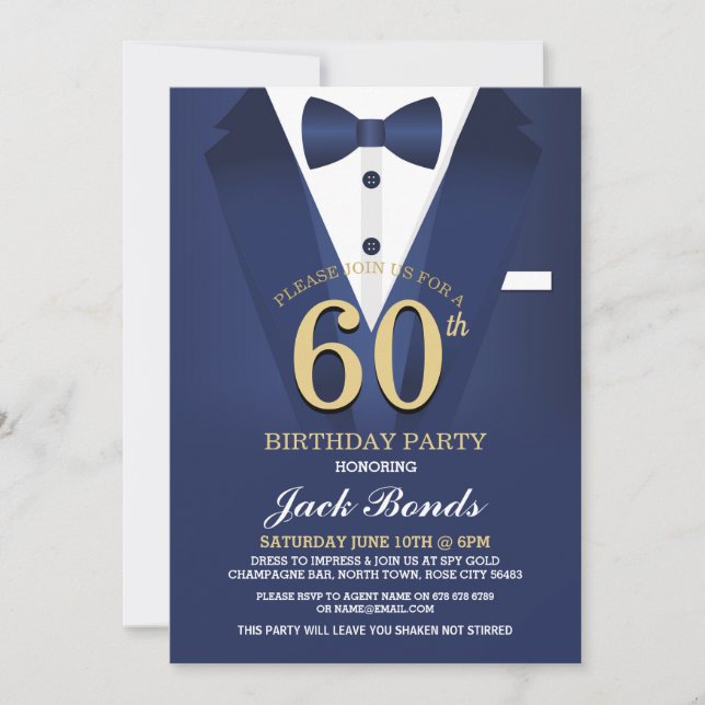 60th Birthday Spy Suit Black Tie Gold Navy Invitation (Front)