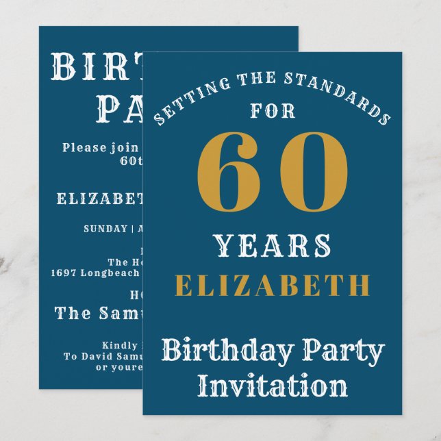 60th Birthday Standards Blue Gold Add Your Name Invitation (Front/Back)