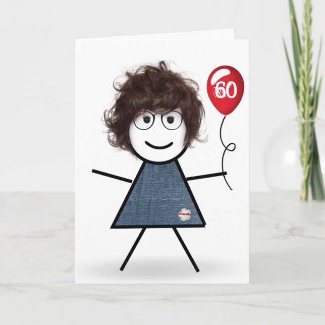 60th Birthday Stick Girl with Red Balloon  Card (Front)