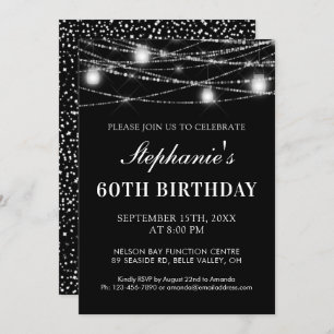 60th Birthday String Lights Jars Black White Invitation