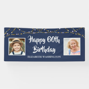 60th Birthday String Lights Photo Name Blue Banner