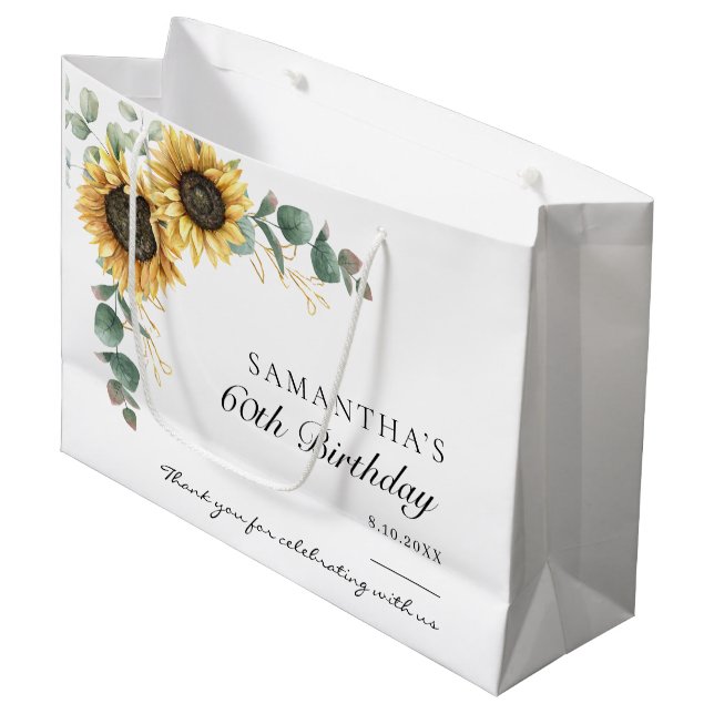 60th Birthday Sunflower Eucalyptus Party Large Gift Bag (Front Angled)