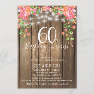 60th Birthday Surprise Brunch Rustic Floral Wood Invitation